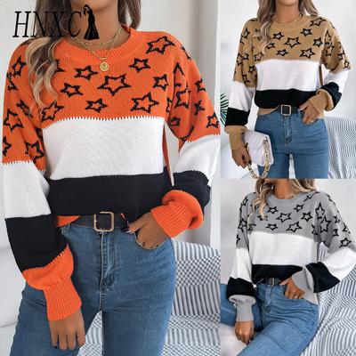 Suéter de punto casual HNXC para mujer, con bloques de color, forma de estrella, huecos y mangas de farol, para otoño e invierno