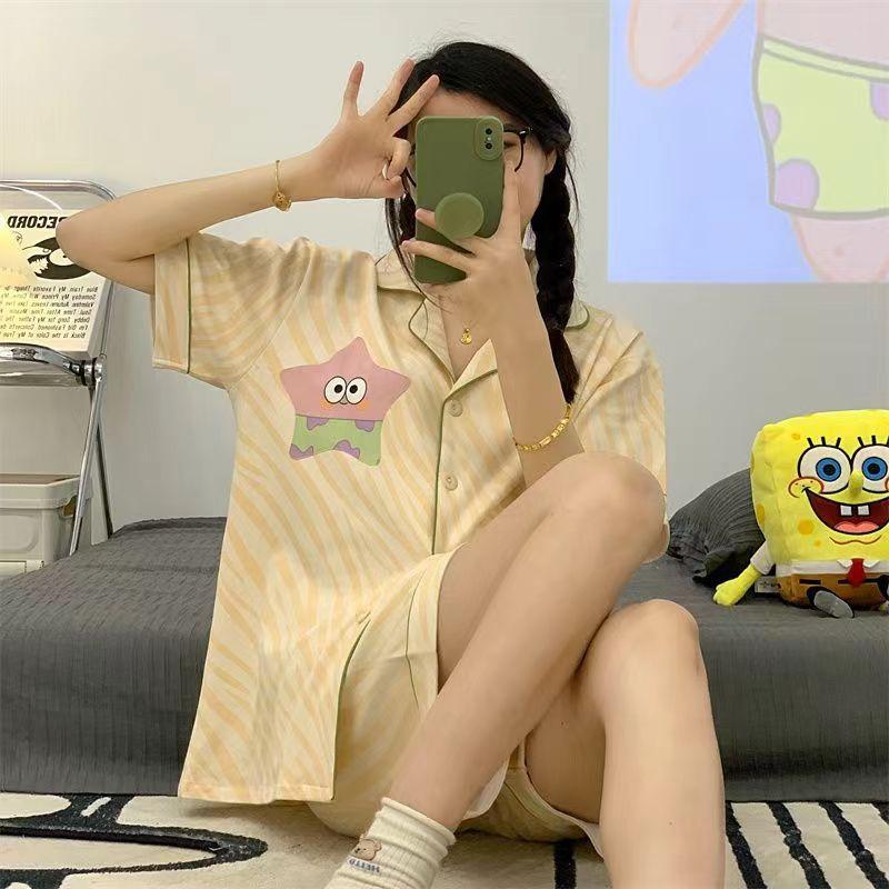 Can Wear Pajamas Women's Summer Cute Cartoon Bear Cotton Short-sleeved Cardigan Loungewear Women's Suit