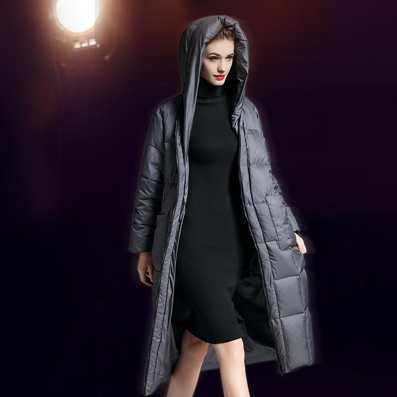 Women's Winter Europe Station Down Jacket Women's Long Over Knee Hooded Loose Thickened Long Slim Down Jacket Tide