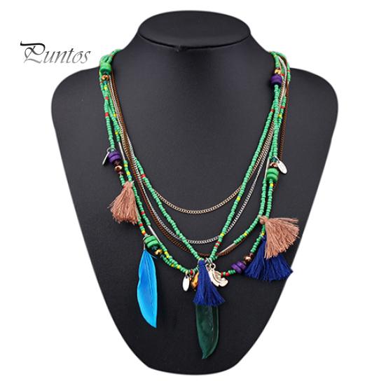 Women's Boho Ethnic Style Feathers Tassels Beads Multi-layer Chain Necklace