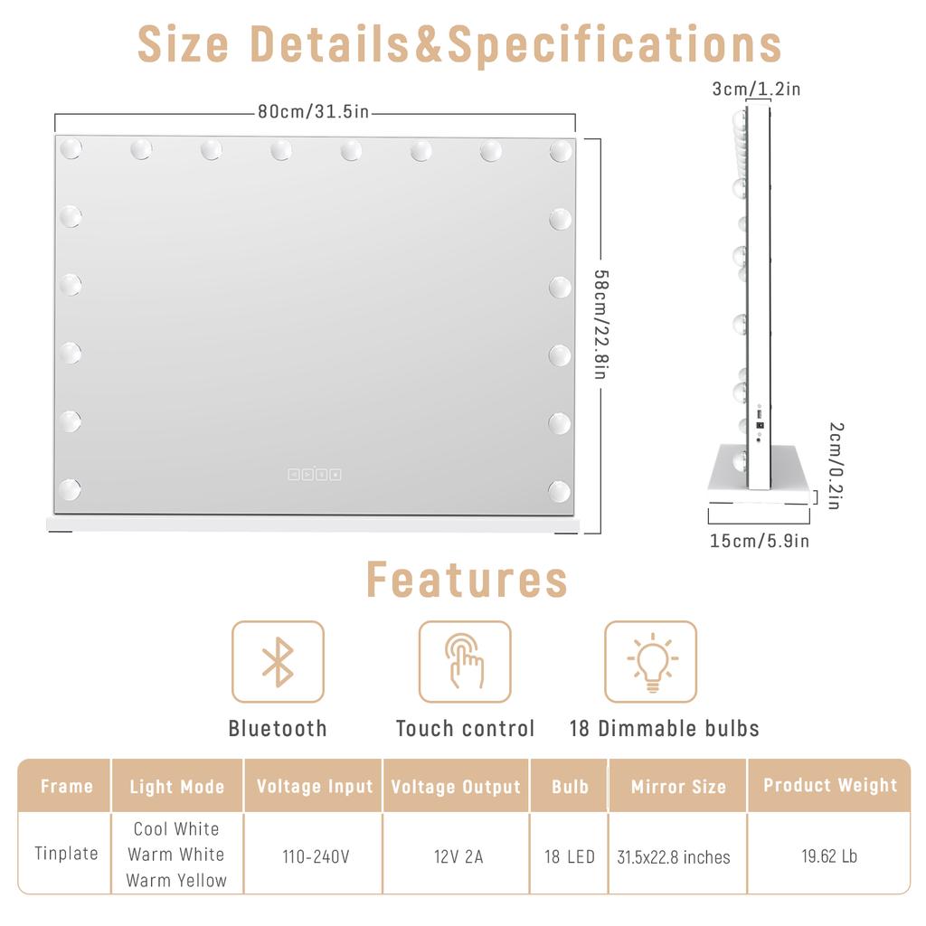 Hollywood Makeup Mirror with 18 LED Bulbs Lighted Vanity Makeup Mirror with USB Charging