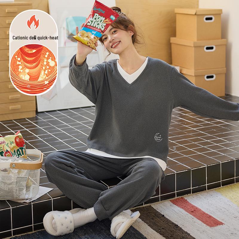 

Бархатный женский теплый пижамный комплект в корейском стиле - Домашняя одежда с длинным рукавом для осени/зимы XL (115-135 lbs)