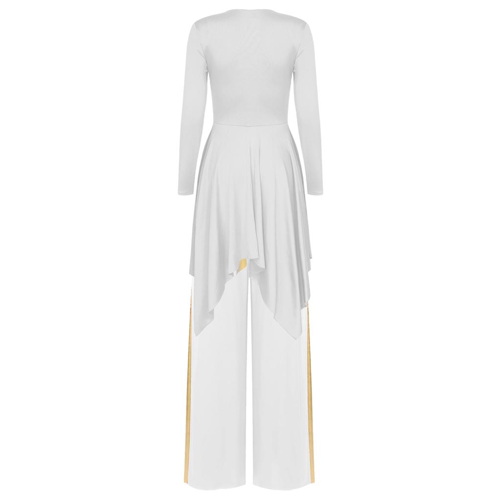 Women's Christian Dance Costume - Asymmetrical Metallic Dress with Wide-Leg Pants, Long Sleeve Worship Performance Wear