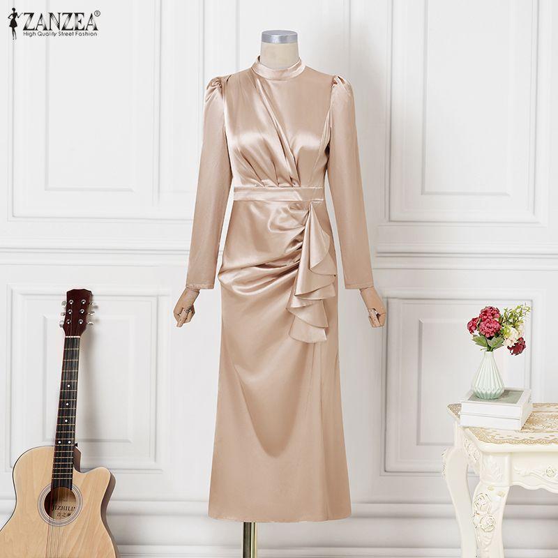 ZANZEA Women Elegant Stand Collar Casual Long Sleeve Satin Long Dress