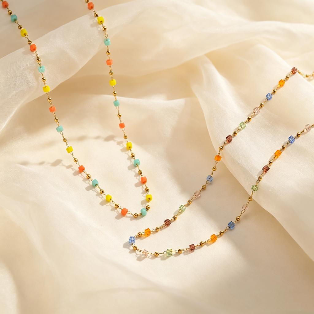 Colorful Rainbow Square Beaded Necklace for Women, Gold Plated Stainless Steel Boho Necklace Bracelet, Exquisite Charm Jewelry
