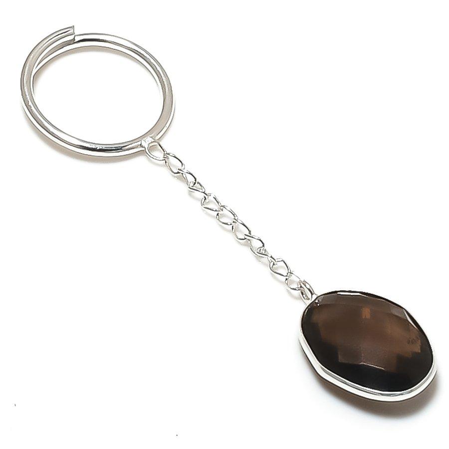 Natural Smoky Topaz Gemstone 925 Sterling Silver Jewelry Keychain 3.15" ETC-13849