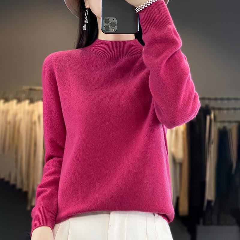 Women's Pure Wool Half-High Neck Sweater - Loose Fit Knitwear for Autumn and Winter
