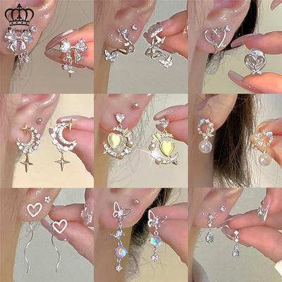 Fashion Star Moon Bow Earring for Women Sweet Butterfly Heart Gold Silver Drop Earrings Accessories Jewelry Gift