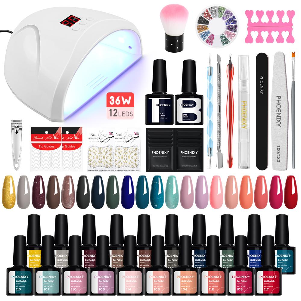 PHOENIXY 20pcs Gel Nail Polish Kit with UV Nail Lamp Top Base Coat Semi Permanent Varnish Manicure Set