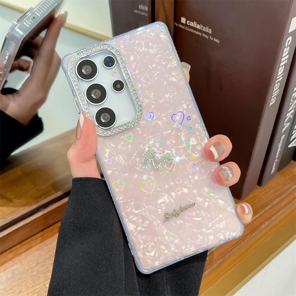 

Glitter Rhinestone Camera Border Laser Love Heart Pattern Case For Samsung Galaxy S26 S25 S24 Ultra Plus S25 Edge Cover Galaxy S26+