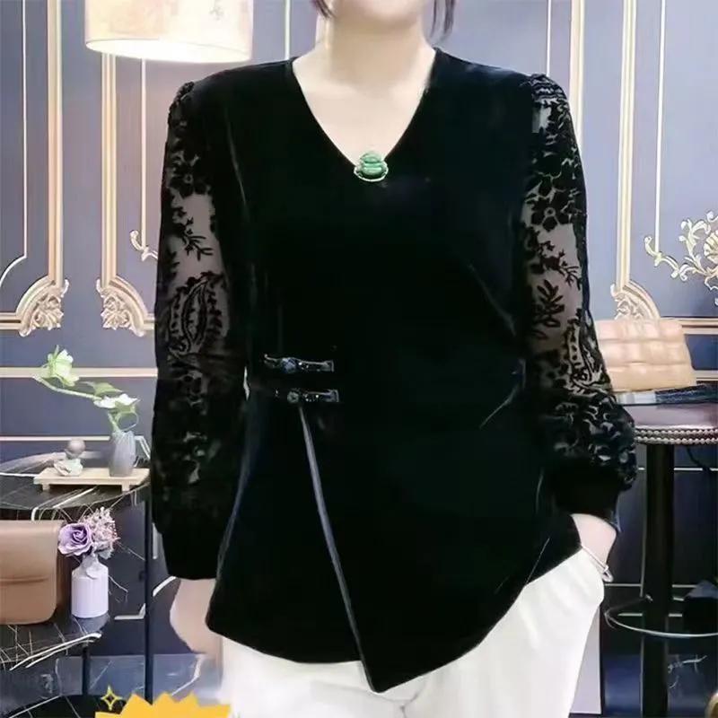 Long-sleeved New Chinese Style Bottoming Gold Velvet Top That Covers the Flesh Makes You Look Slim Western-style Buttoned Top