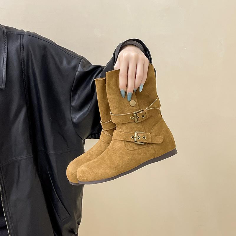 Retro two-wear medium boots Western cowboy fashion boots Women's autumn and winter simple and comfortable casual flat Martin boots