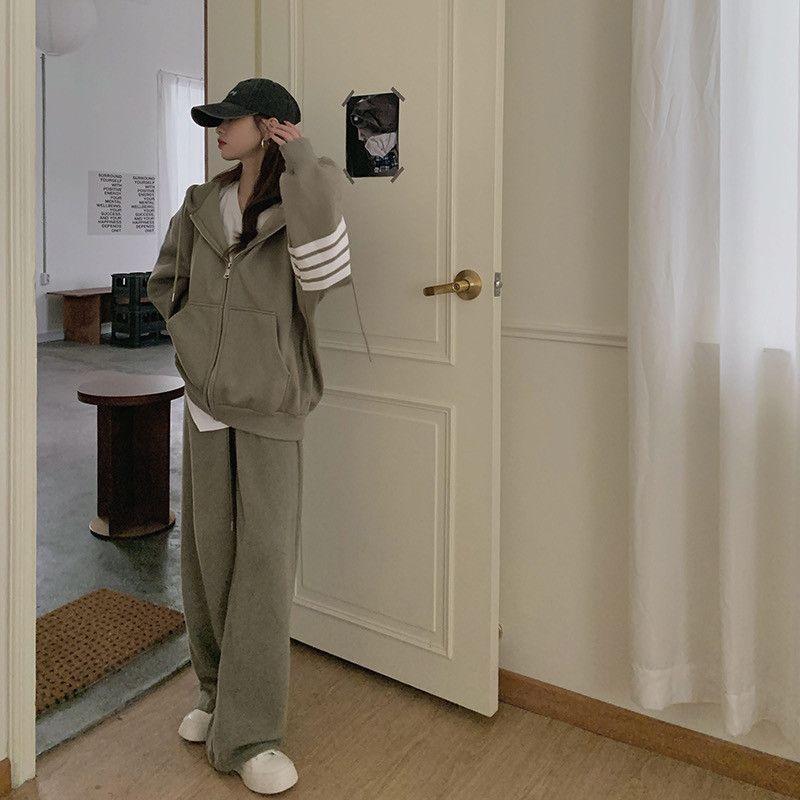 Dámská tepláková souprava Influencer: Volná mikina s kapucí na zip a tepláky v korejském stylu pro podzimní/jarní ležérní módu
