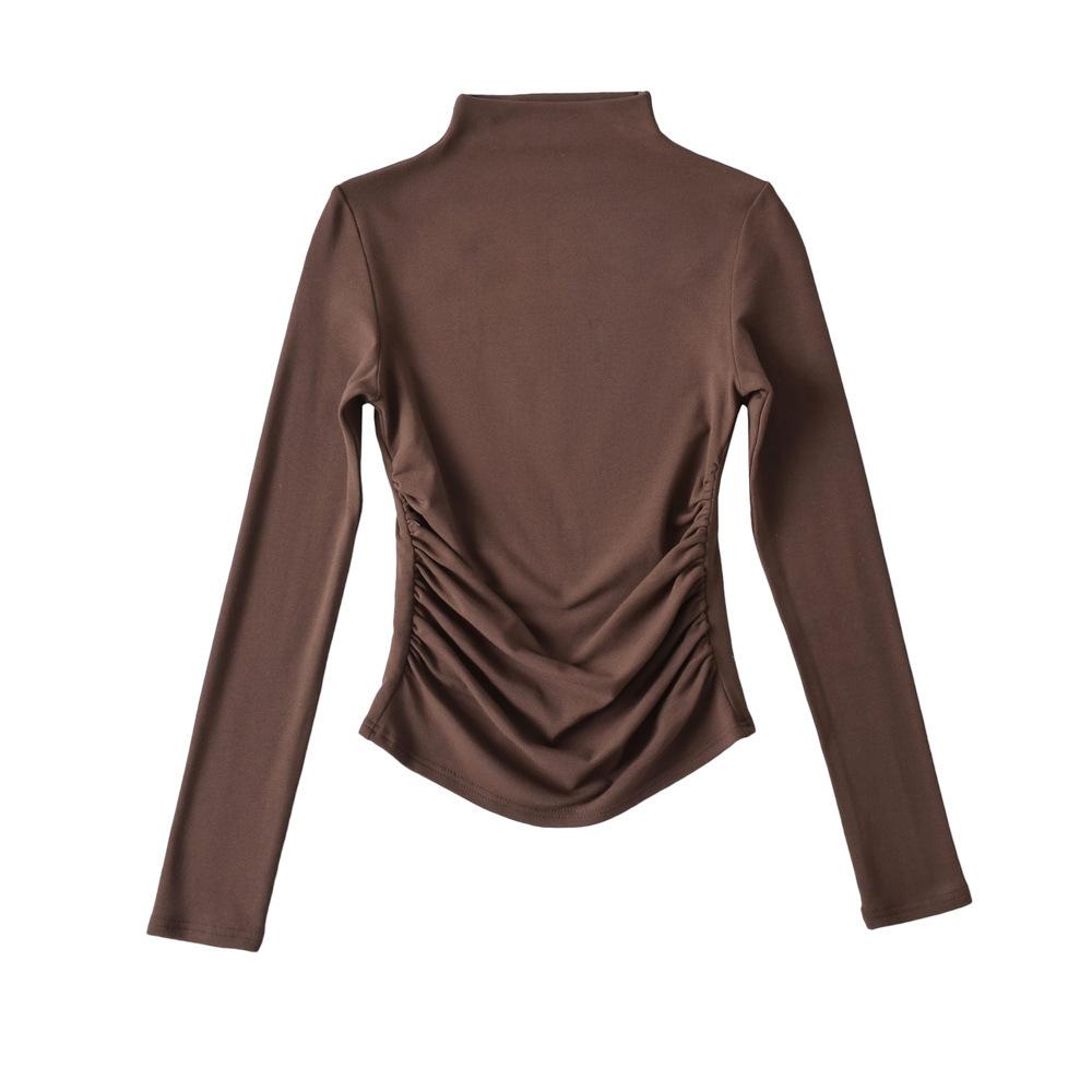 Autumn new women's European and American solid color velvet warm semi-turtleneck bottoming shirt pleated slim-fitting long-sleeved T-shirt