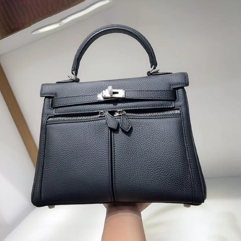 New Lakis Bag With Double Zippers And Wide Shoulder Straps High-end Multi Pocket Good Texture Swift Genuine Cowhide