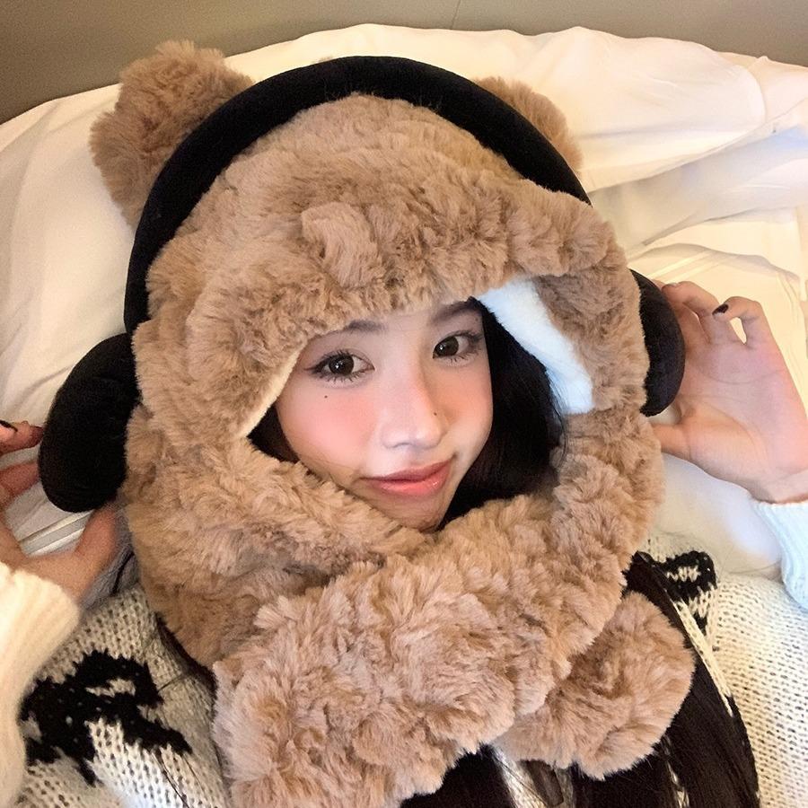 

Bear hat women s winter scarf integrated outdoor cycling warm and cold-proof pullover hat thickened plush ear protectors бежевий