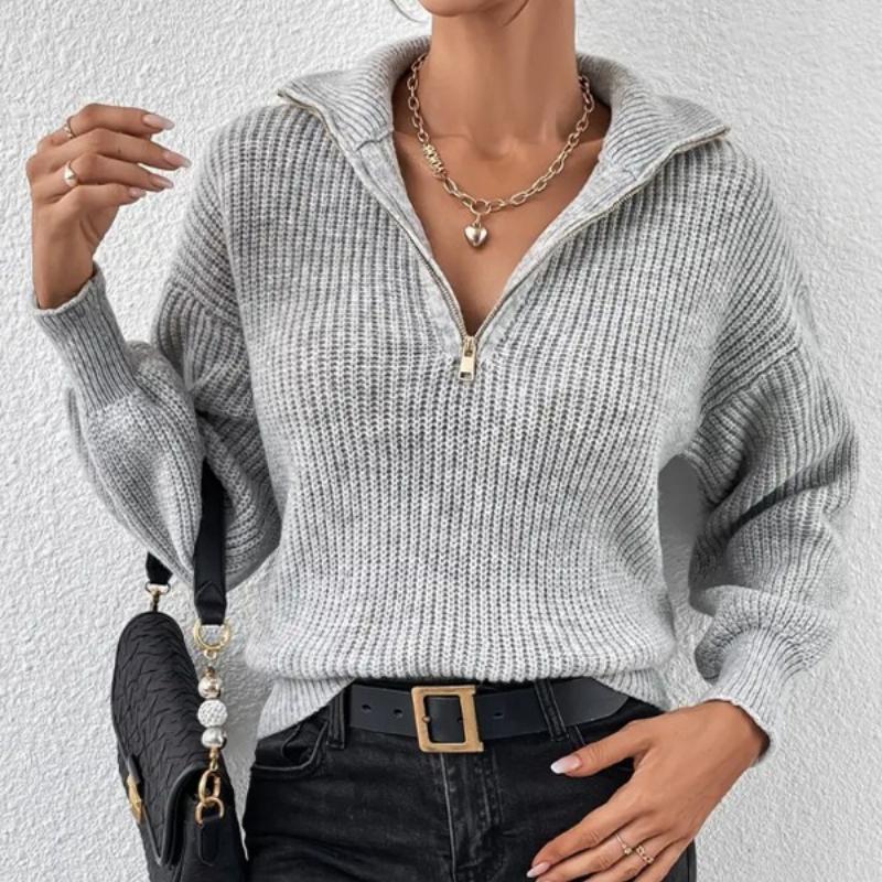 TIFICY Damenmode Lässig Herbst Winter Einfarbige Druck Langarm POLO-Kragen Pullover M graue