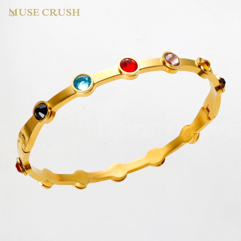 Rainbow Rhinestone Stainless Steel Bangle for Women New in Gold Plated Jewelry Luxury Gold Color Girlfriend Friend Gift