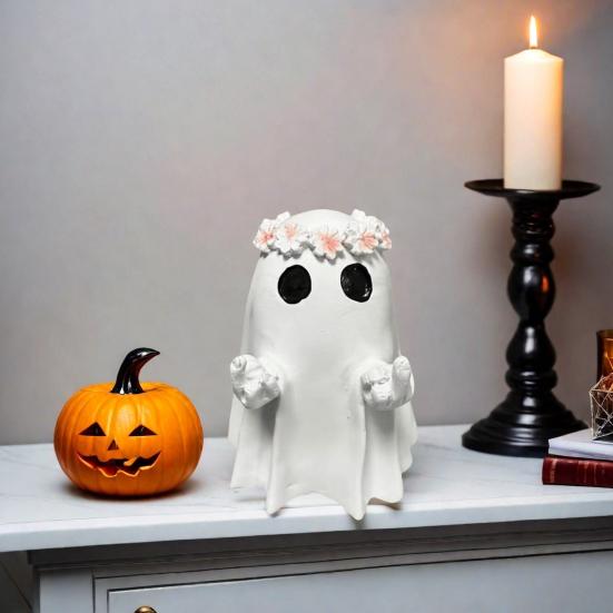 Halloween Middle Finger Ghost Statue Wreath Ghost Resin Figurine Sculpture Holiday Party Home Office Desktop Decoration Ornament