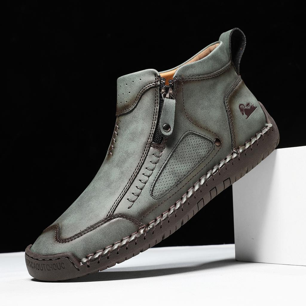 New Classic Handmade Leather Men's Shoes with Zipper Design Outdoor Sneakers Casual Flat Shoes Men Work Shoes Ankle Boots