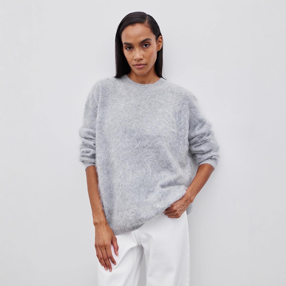 

Розовый вязаный свитер-пуловер для женщин, с длинным рукавом, модный, свободный, пэчворк, милый топ в стиле Y2k, женский вязаный элегантный пуловер, новый L серый