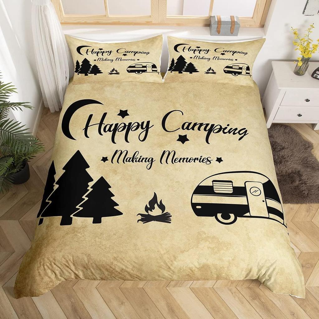 Western Cowhide Duvet Cover King Size Happy Camping Bedding Set Polyester Farmhouse Style Comforter Cover For Travel Rv Bunk Bed