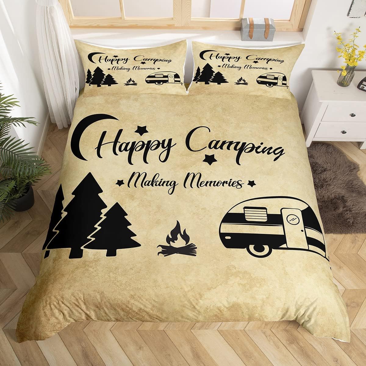 Happy Camping Duvet Cover Queen for Boys,Teens,Adult, Rustic Farmhouse Style Bedding Set, Vintage Old Barn Door Comforter Cover 135x200cm