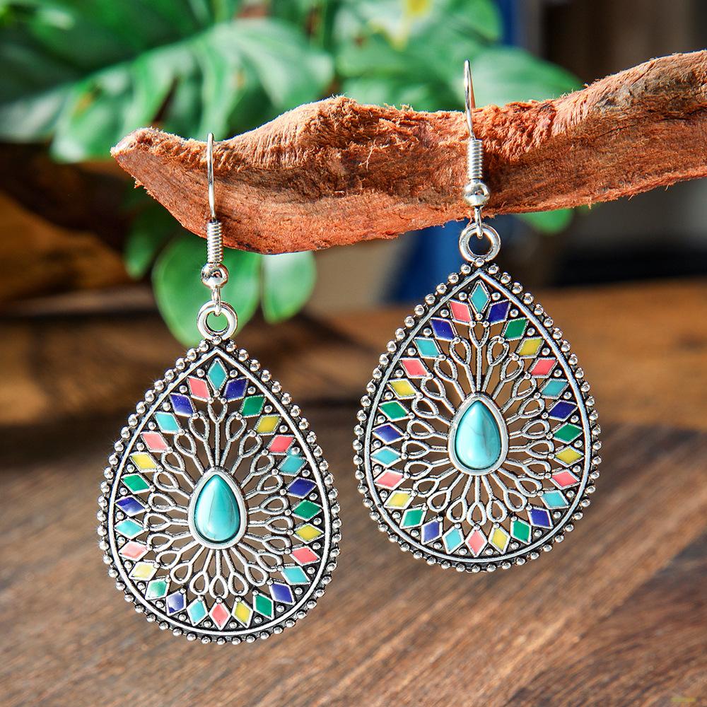 Vintage Earrings Silver Geometric Turquoise Drop Earrings Bohemian Dangle Jewelry for Women