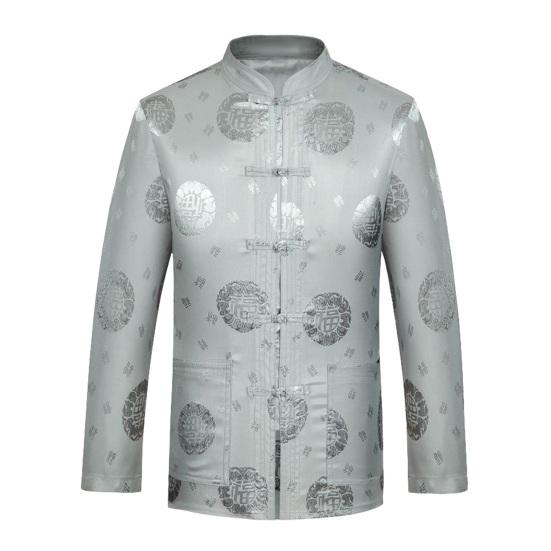 

Мужской топ в китайском стиле с воротником-стойкой, однобортный сплошной цвет с карманами с принтом и длинным рукавом, рубашка для пожилых людей среднего возраста, традиционная рубашка для вечеринки по случаю дня рождения 4XL серый