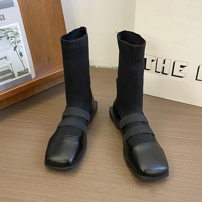 Square head thin knitted socks boots women's shoes 2025 new autumn and winter socks shoes loafer short boots with socks boots