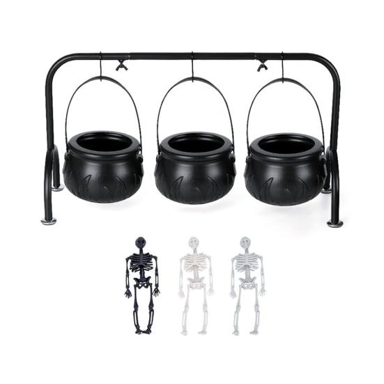 Yousheng Halloween Decoration Witches Cauldron Serving Bowls Set with Iron Rack Skeleton Hooks Plastic Candy Bowl for Indoor Outdoor Party Decorations