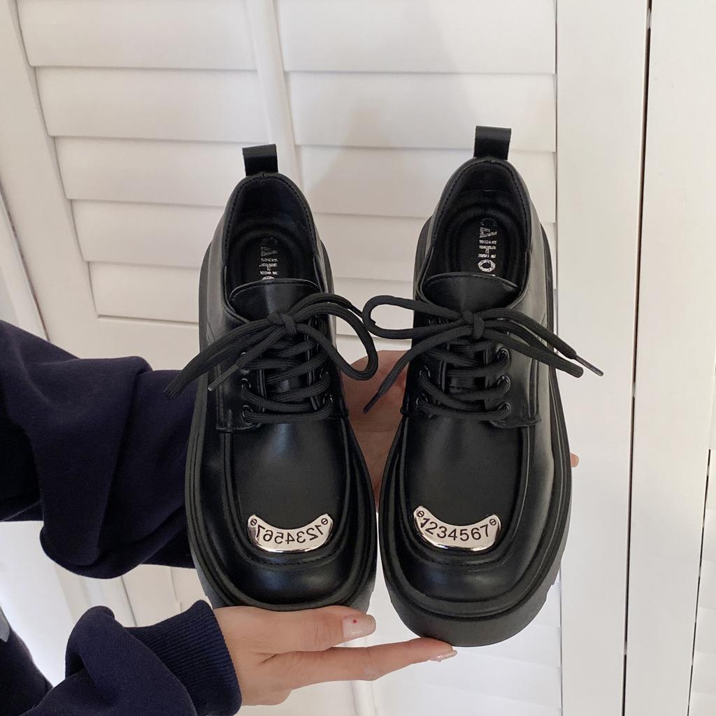 Shoe Shoes for Women Loafers High Sense  Commuting Leather Round Head Shoes Black Thick Soled Casual Leather Shoes