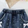 Baby Girls 2-Piece Outfit, Ribbed Ruffle Neck Top and Embellished Denim Shorts