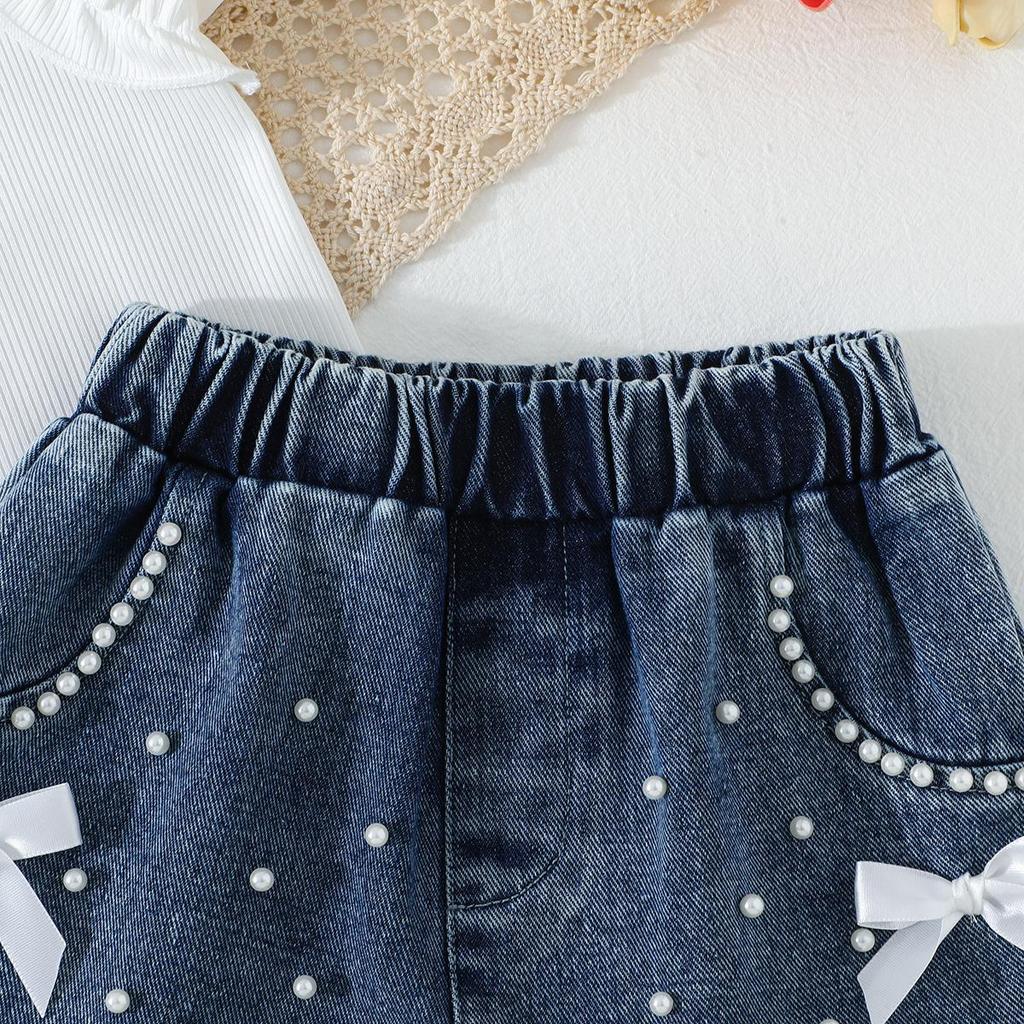 Baby Girls 2-Piece Outfit, Ribbed Ruffle Neck Top and Embellished Denim Shorts
