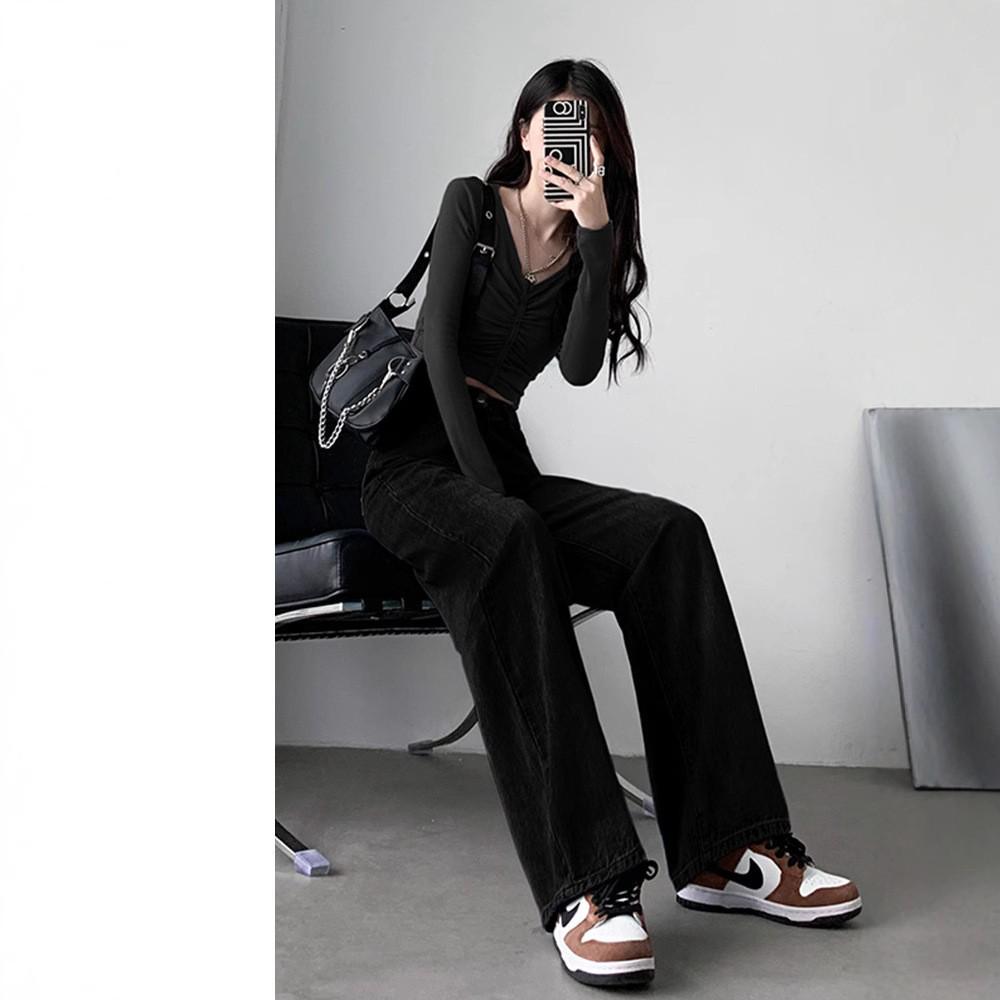 Women's High-Waisted Straight-Leg Jeans: Spring 2025, Thin, Small Size, Loose, Wide-Leg, Floor-Length