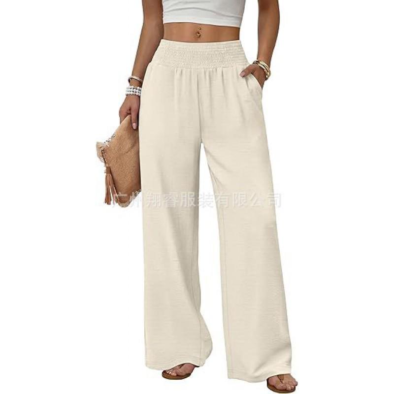Womens High-Waisted Wide-Leg Casual Trousers Solid Color Loose Fit 2026 Comfortable Straight Pants