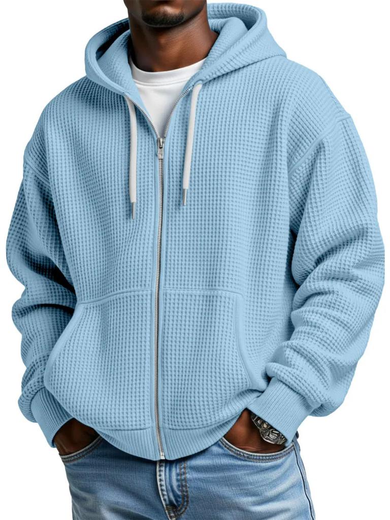 Felpa da uomo con cappuccio e zip a nido d'ape, spalle cadenti, casual, vestibilità larga, giacca cappotto da uomo