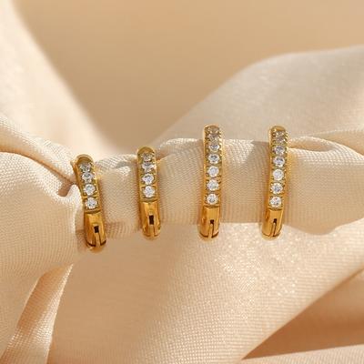 E.B.belle Basic Clear Gemstone Crystal Paved Huggie Hoop Earring Waterproof Stainless Steel Round Gold Plated Woman Earring
