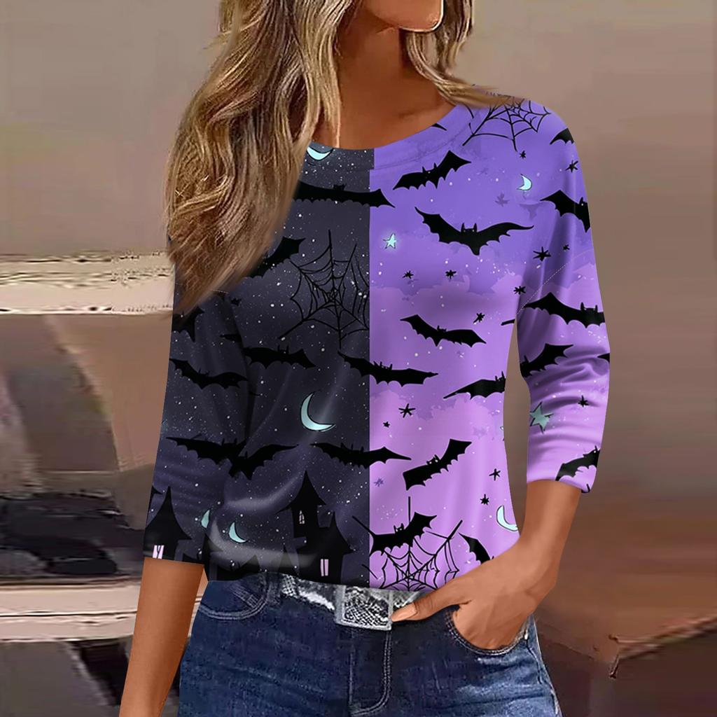 Women's Casual 3/4 Sleeve Halloween Print Round Neck Blouse for Party and Daily Wear