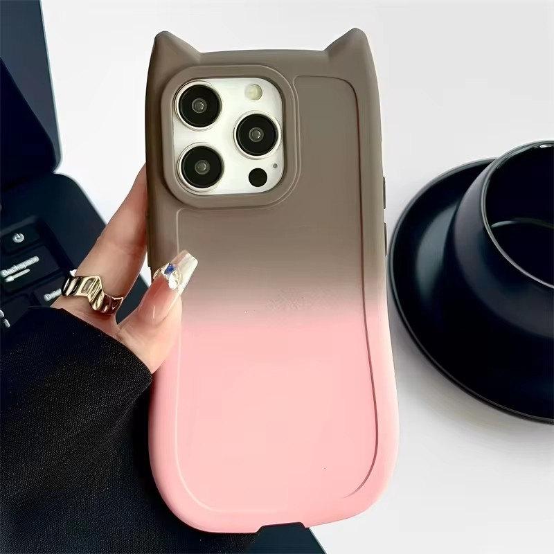 

Стильный чехол с милыми кошачьими ушками и градиентом для iPhone 15 14 13 12 11 Pro Max XS X XR 7 8 Plus, мягкая матовая силиконовая задняя крышка iPhone 15 Pro Max коричневый
