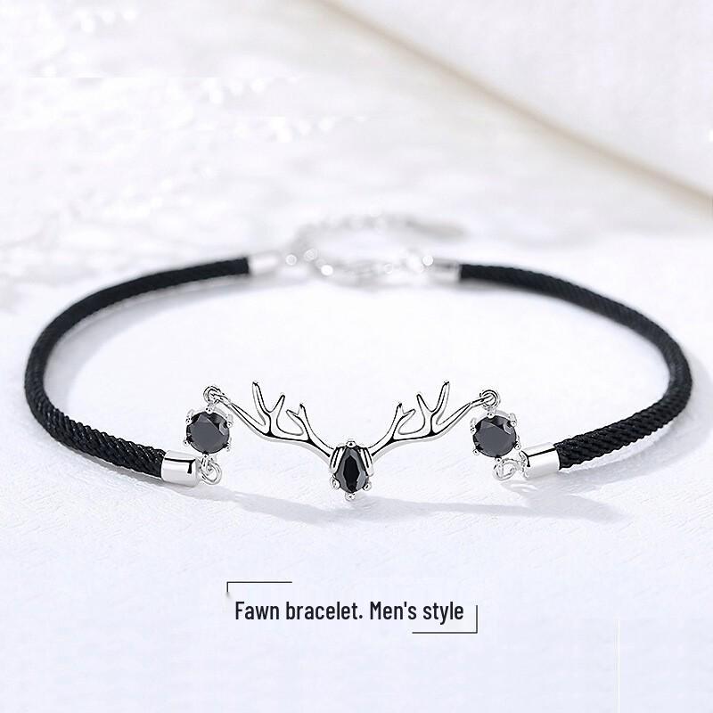 Korean Style Diamond Deer Bracelet – Unisex Black & Red Woven Rope for Couples