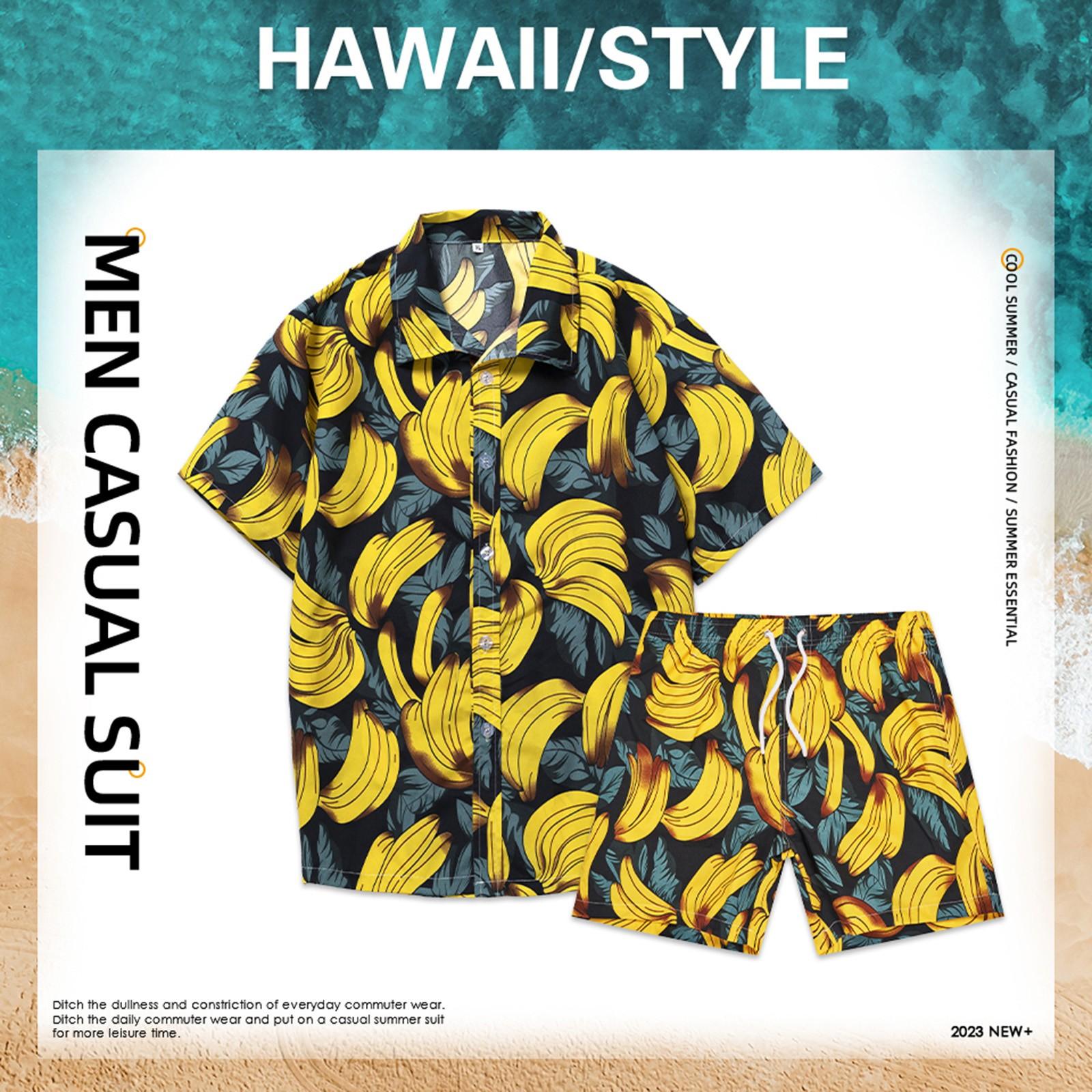 

Мужская рубашка с цветочным принтом, гавайские комплекты, повседневная рубашка на пуговицах с коротким рукавом XL жёлтый