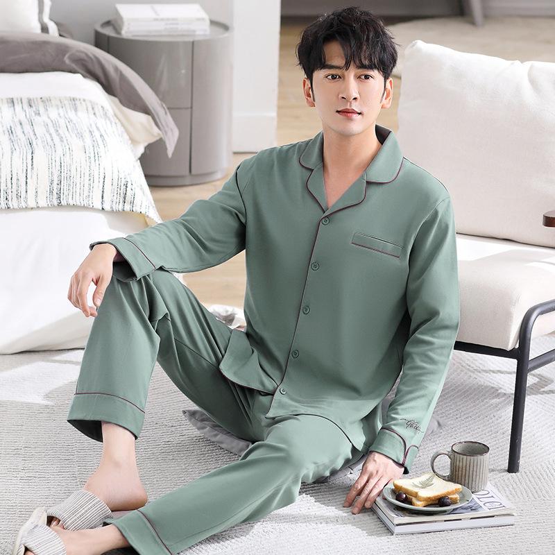 Pajamas Men'S Spring And Autumn Pure Cotton Long-Sleeved Autumn Men'S Cotton Loungewear Autumn And Winter Thin Suit