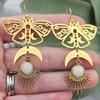 Elegant Moonstone Moth Earrings with Sun Pendant - Hypoallergenic Crescent Moon Jewelry In Stainless Steel.