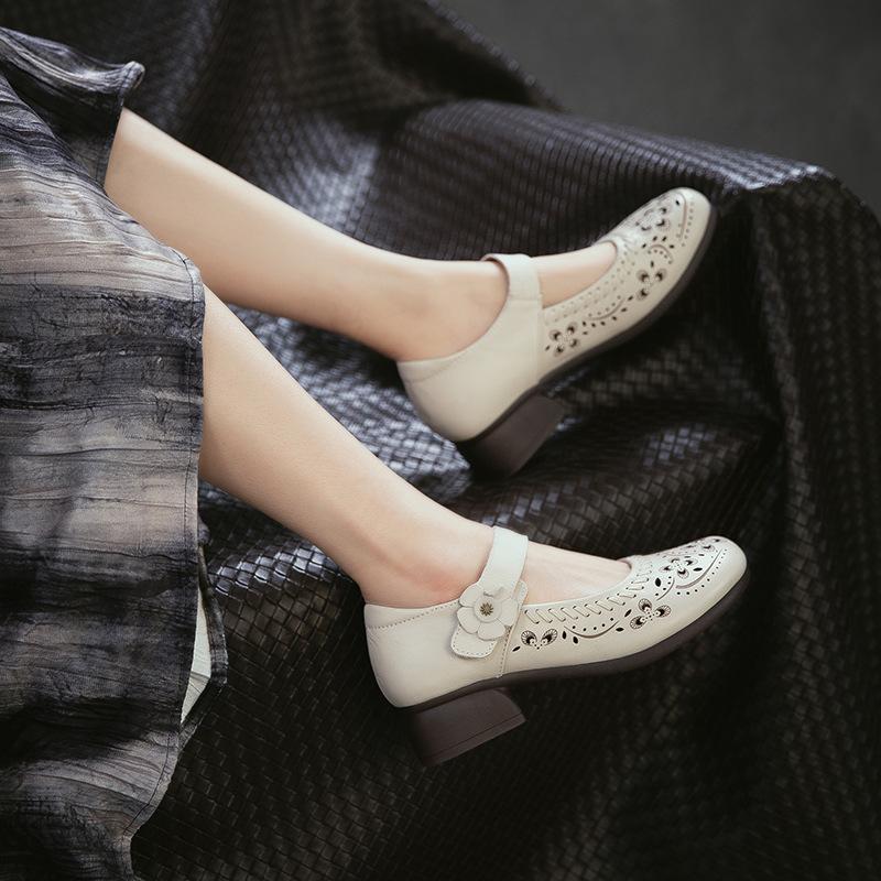 2026 Summer New Retro Elegant Small Heel Hollow Out Ventilated First Layer Cowhide Magic Clip Women Shoes