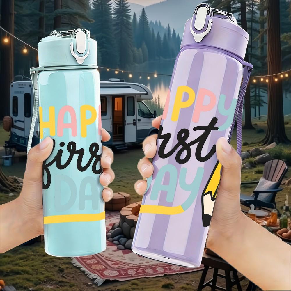 1PC Happy First Day Pencil Pattern 750ml Color Plastic Sports Water Bottle Leakproof Flip Straw Lid Suitable for Sports Office Home Use