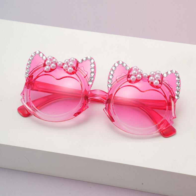 Cute Funny Cat Ear Bow Kids Sunglasses Pearl Rhinestone UV Protection Toddler Girl Gradient Lens Shades Birthday Gift KJ245