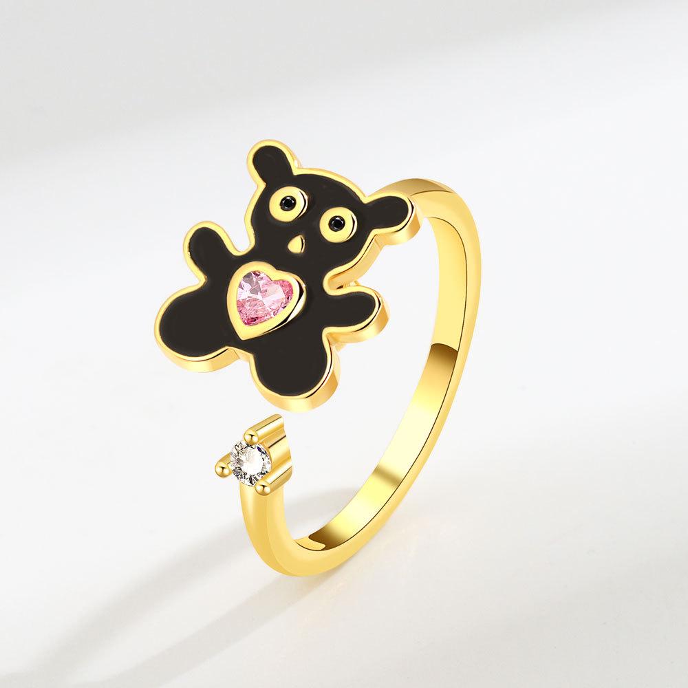 

Charming Pink Diamond Bear Rotating Open Ring For Women Micro Paved Trendy Finger Band Jewelry opening adjustable золотой