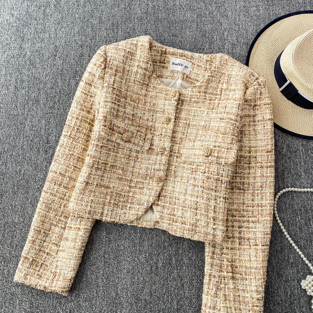 Autumn Winter Women Elegant Little Fragrant Wind Full Sleeve Single Breasted Plaid Tweed Short Jacket Coat