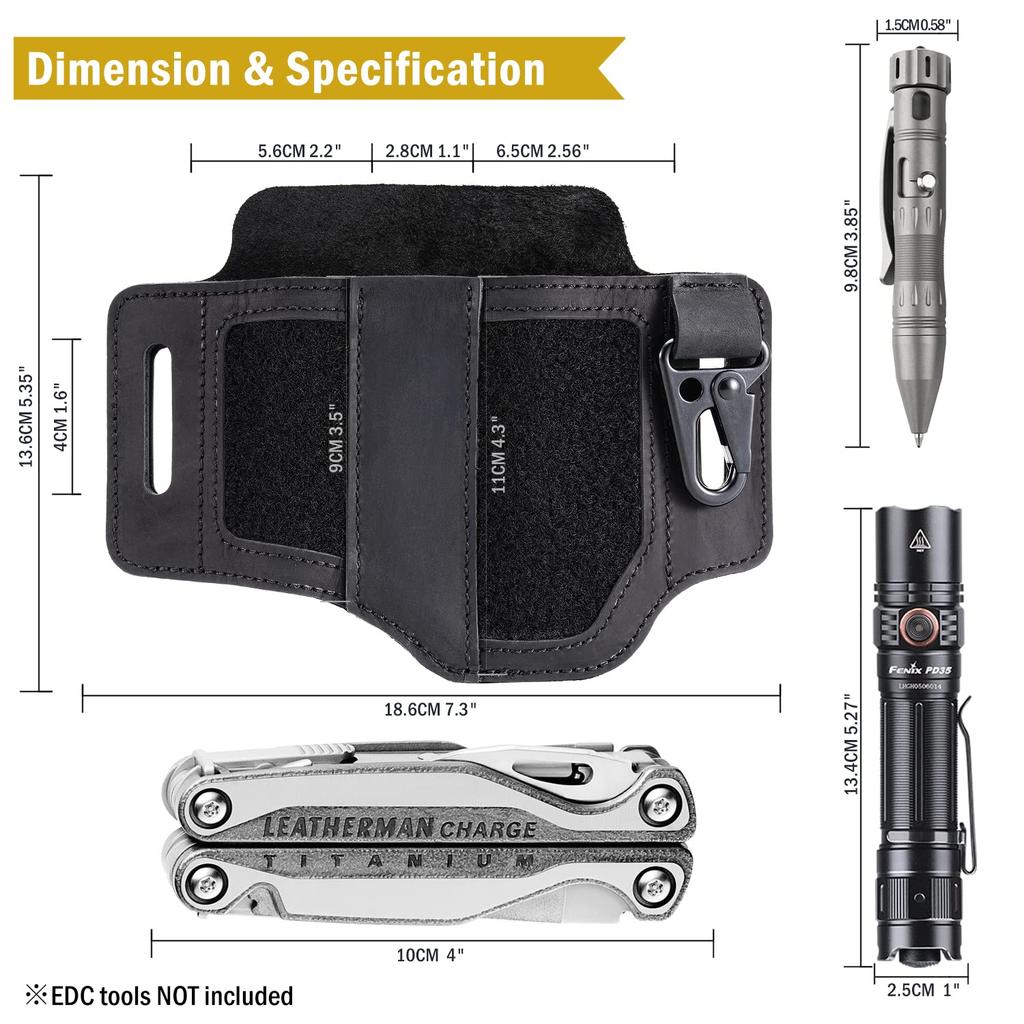 VIPERADE PL3 Lederscheide mit DIY-Patch EDC Taschenorganizer für Leatherman Scheide mit Stifthalter Taschenlampe EDC Gürtelorganizer mit Schlüsselanhänger